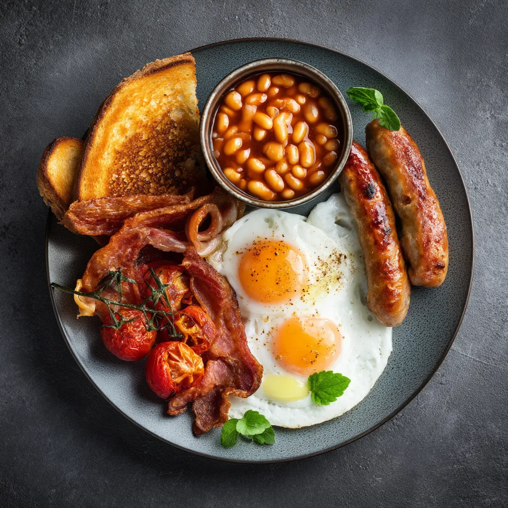 A plate of breakfast foods including eggs, beans, toast, and sausage.
