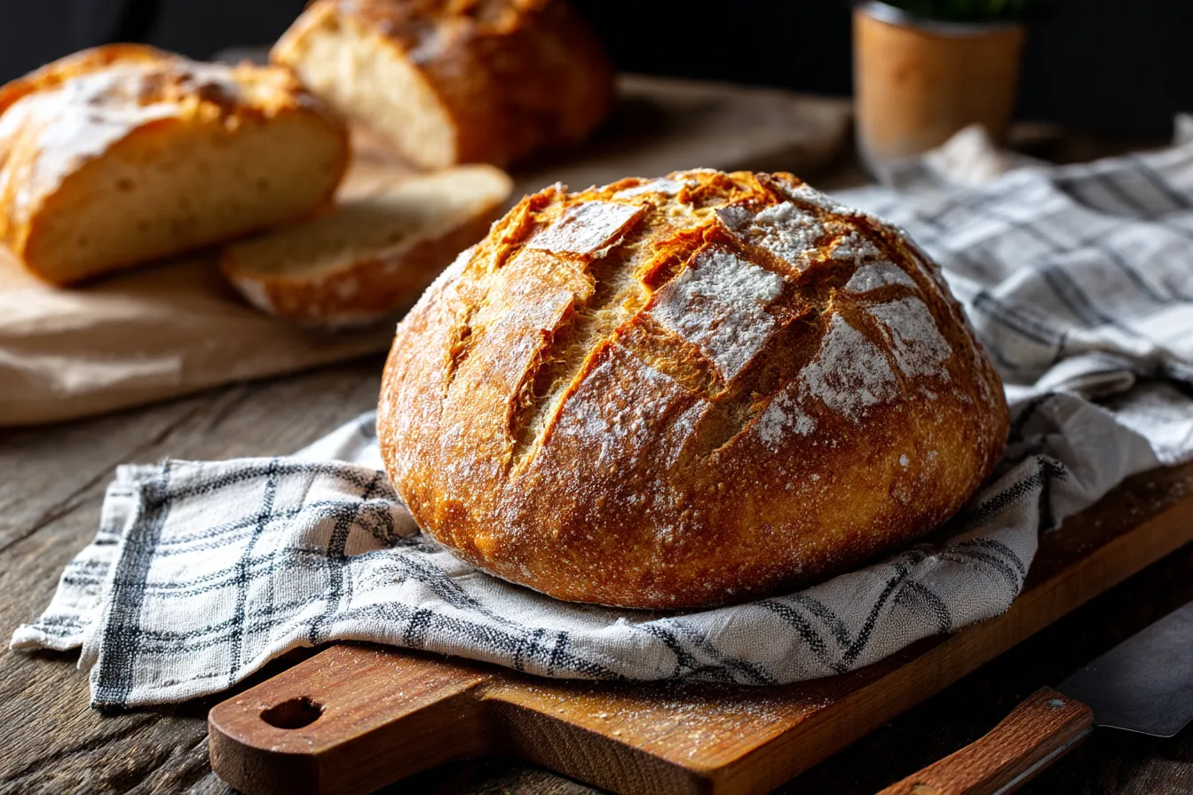 A loaf of bread on a wooden cutting board.