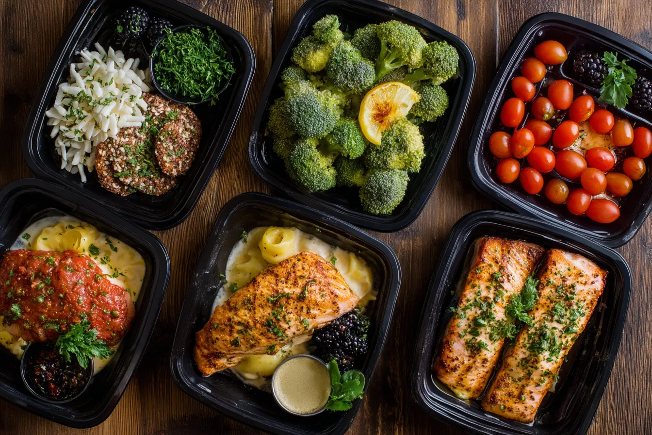 A variety of main dishes in black containers.