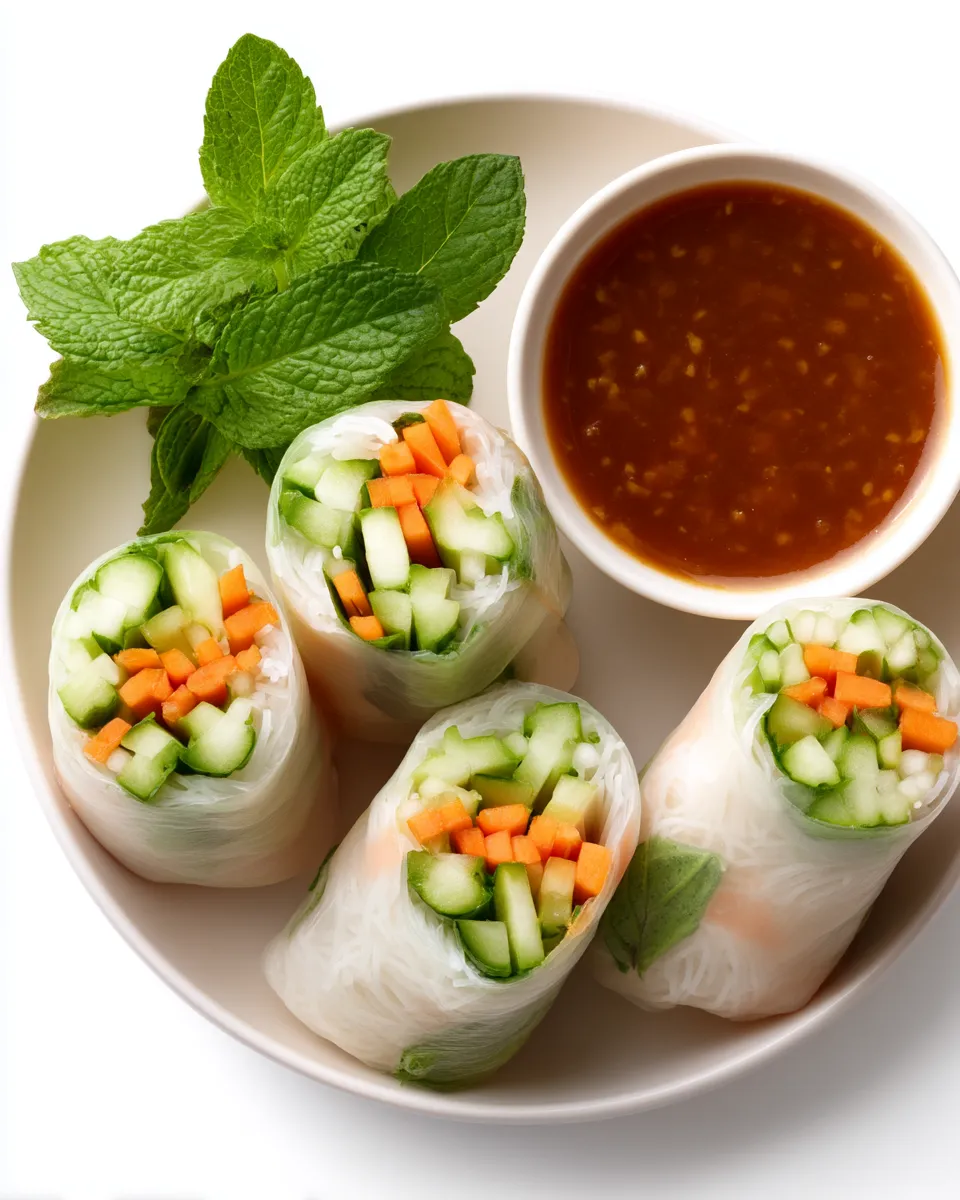 A plate of vegetable spring rolls with a dipping sauce.