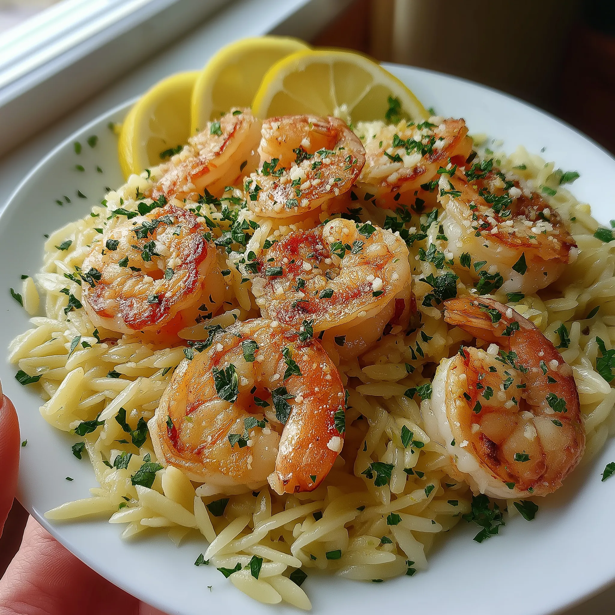 A plate of shrimp and pasta.