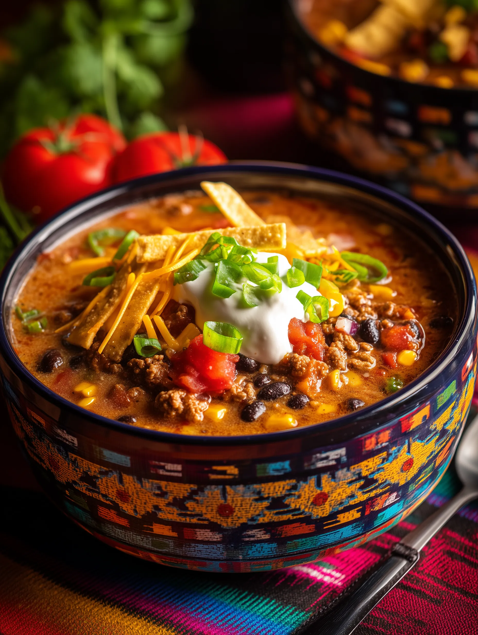A bowl of soup with chips on top.