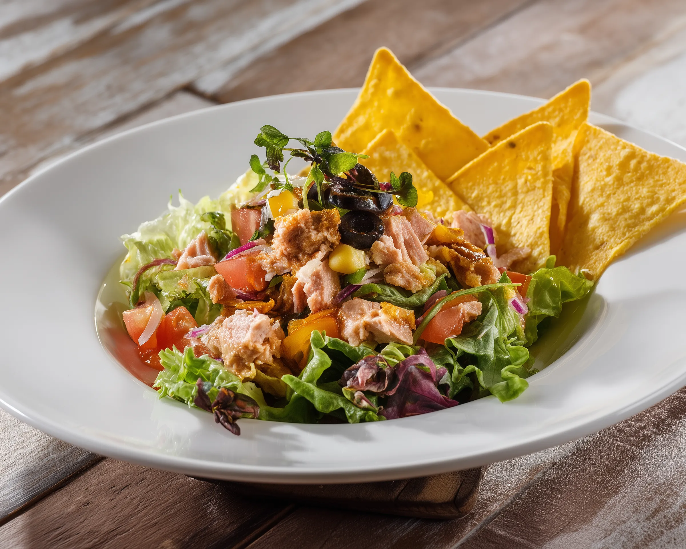A plate of salad with chicken and black olives.