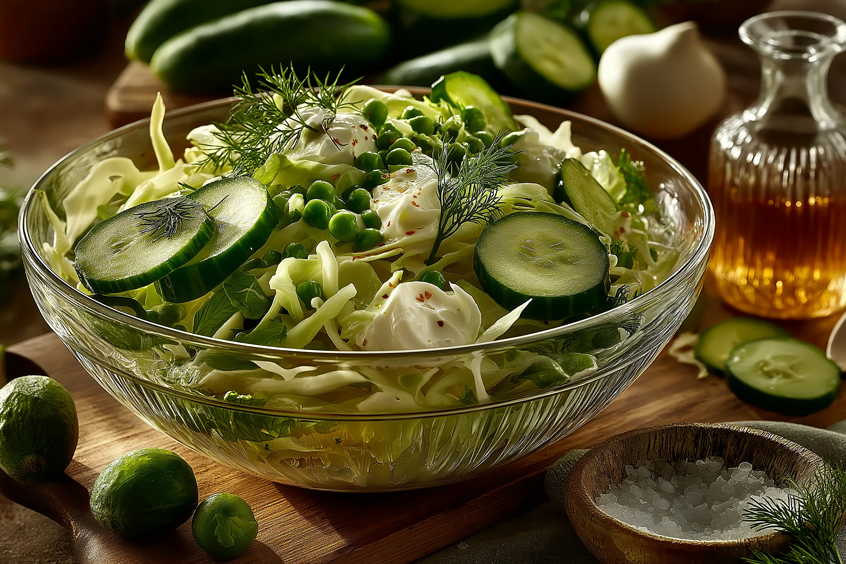 A bowl of vegetables including cucumbers, peas, and green beans.