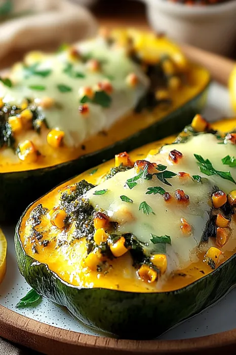 Two stuffed zucchini squash with cheese and herbs.