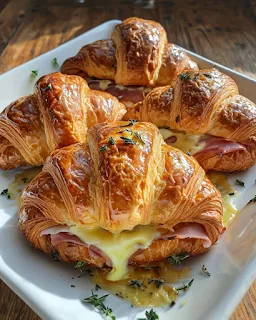 A plate of croissants with cheese and ham.