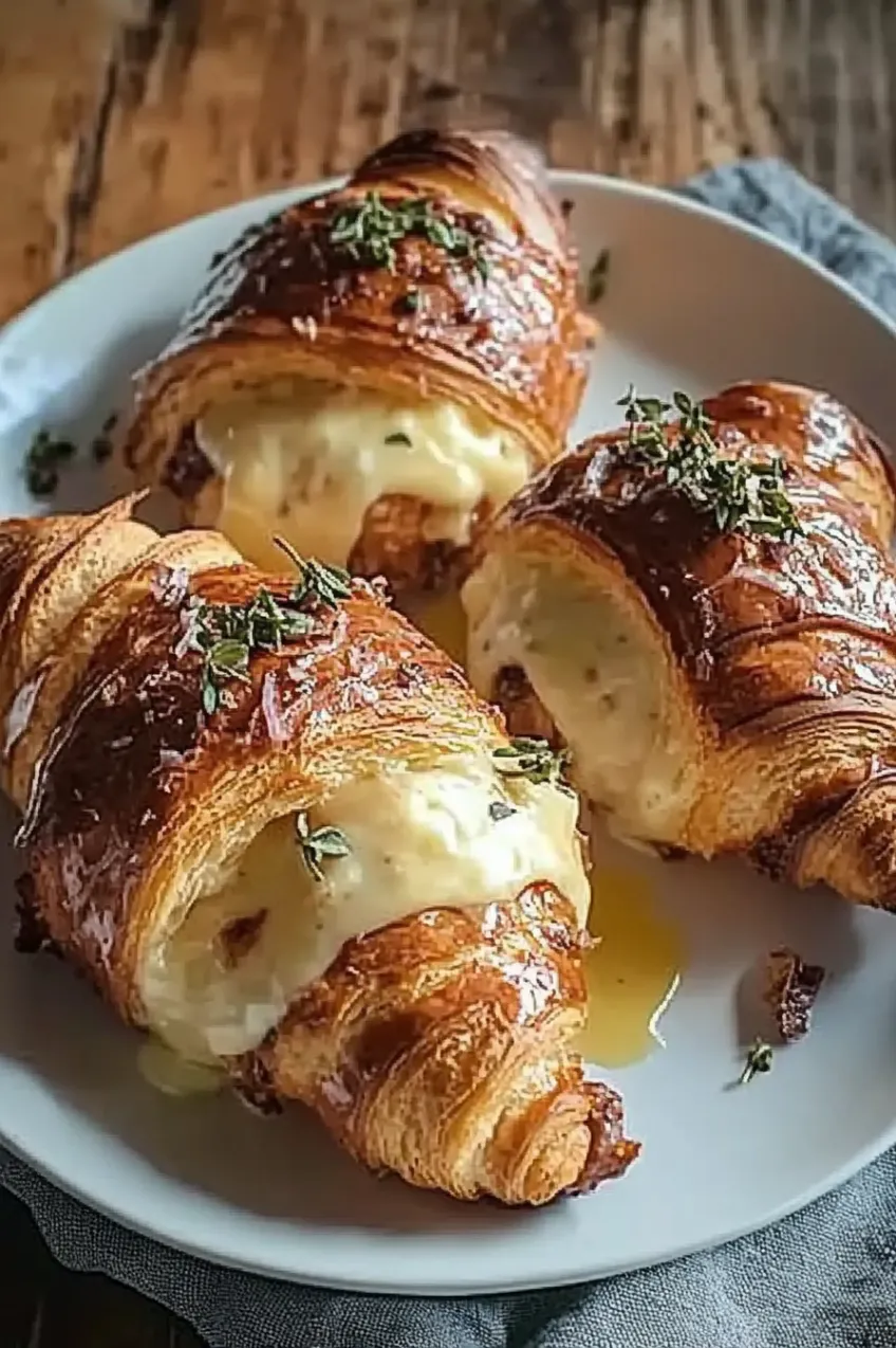 Three croissants with cheese and herbs on a plate.