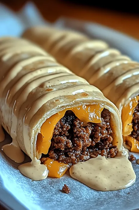 A plate of food with a drizzle of sauce.