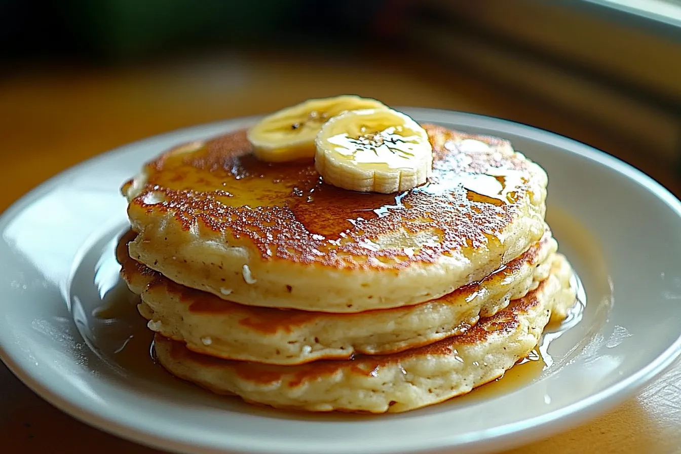 A stack of pancakes with bananas on top.