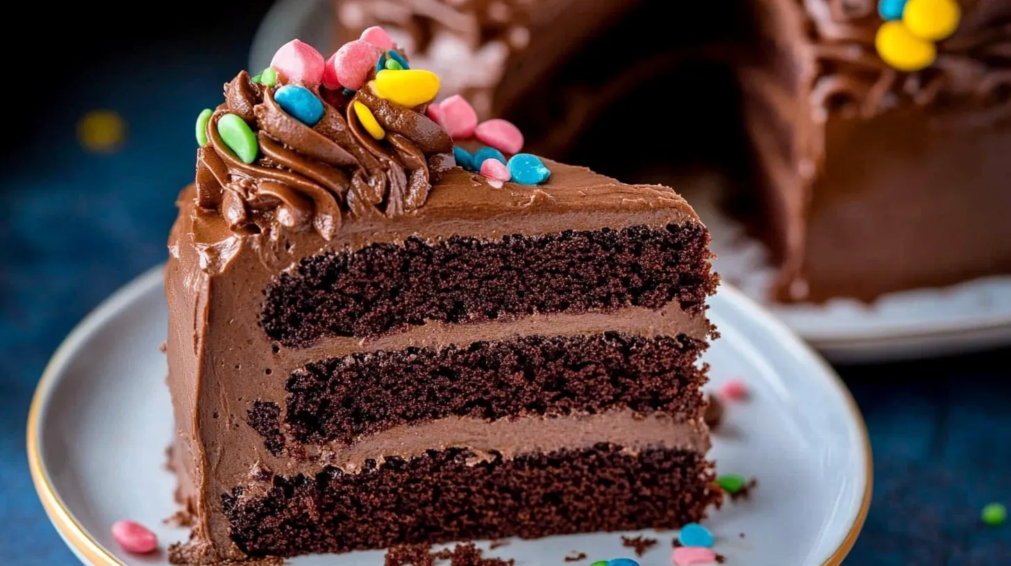 A slice of chocolate cake with rainbow sprinkles on top.