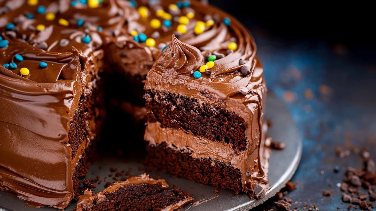 A slice of chocolate cake with yellow and blue sprinkles.