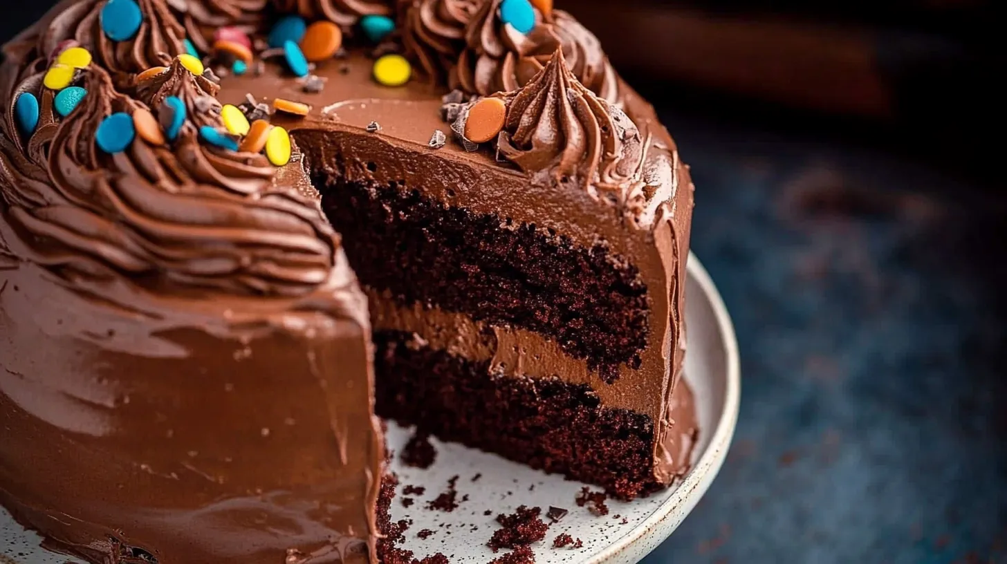 A slice of chocolate cake with chocolate frosting and sprinkles.