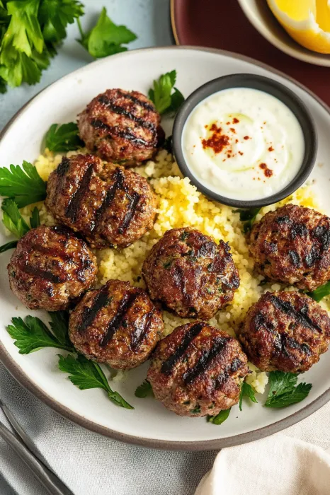 A plate of meatballs with a side of sauce.