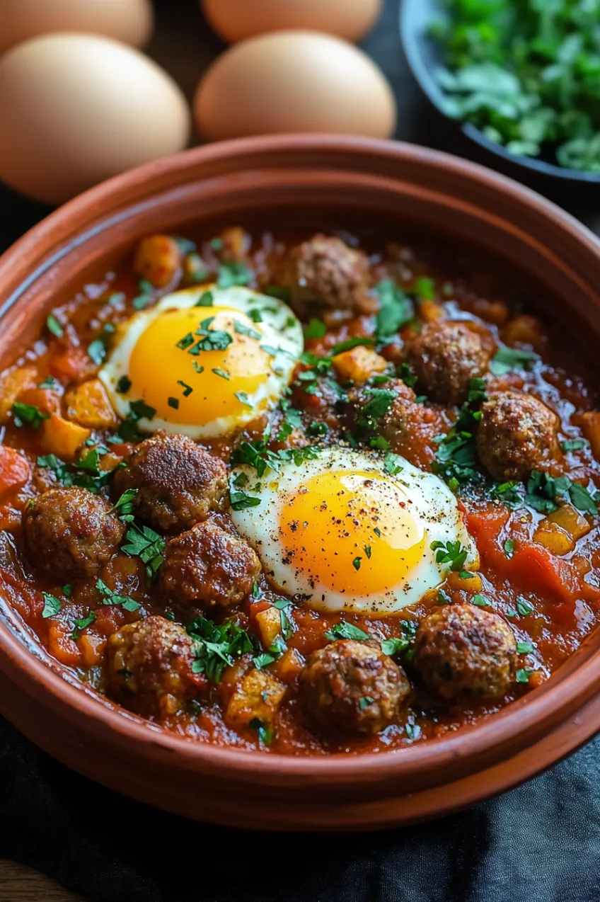 A bowl of soup with meatballs and eggs.