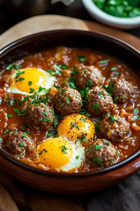 A bowl of soup with meatballs and an egg.
