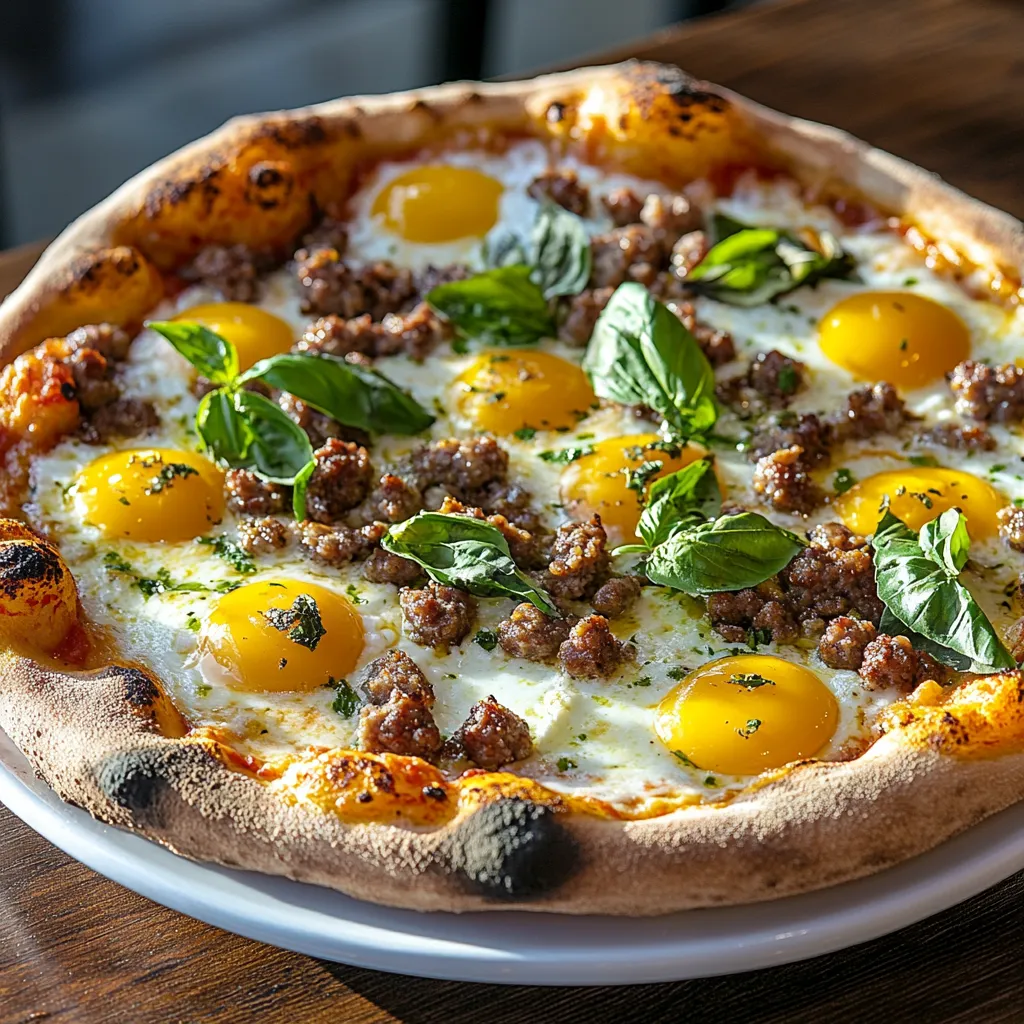 A pizza with eggs and meat on top.