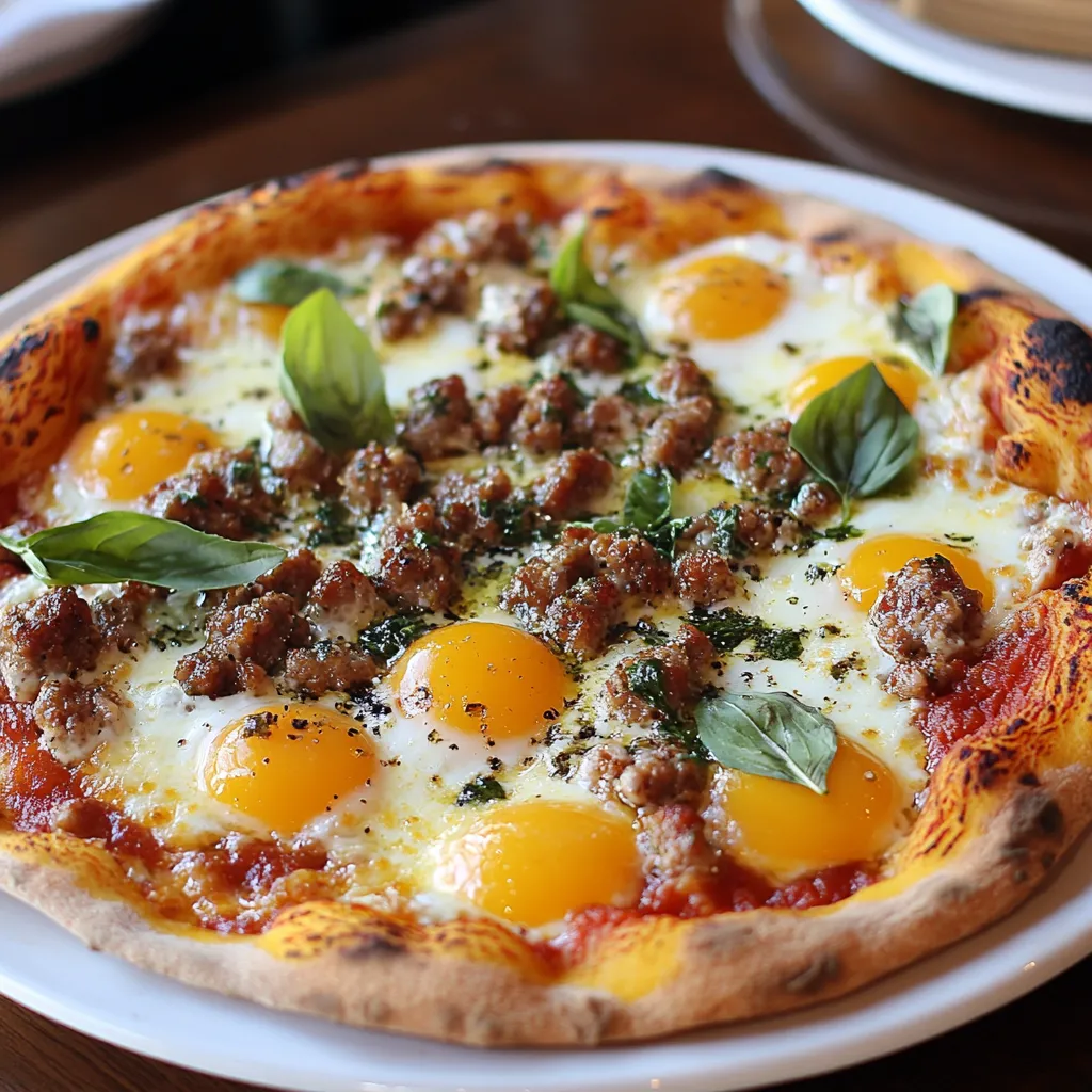 A pizza with eggs and sausage on top.
