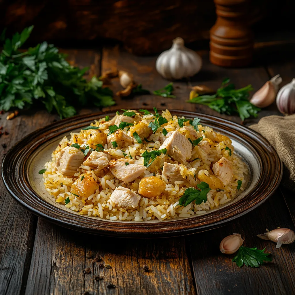 A plate of rice with chicken and vegetables.