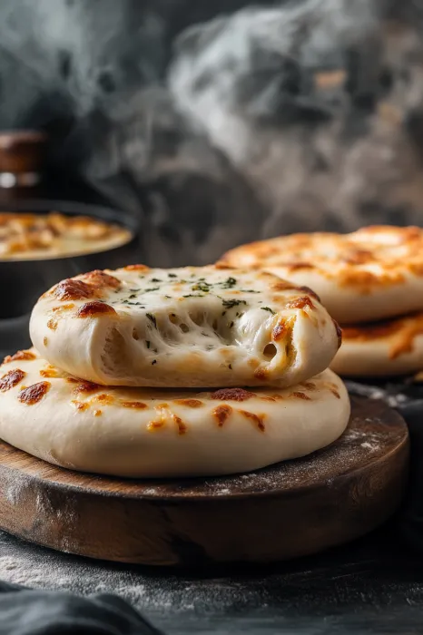 A pizza with cheese and herbs on top.