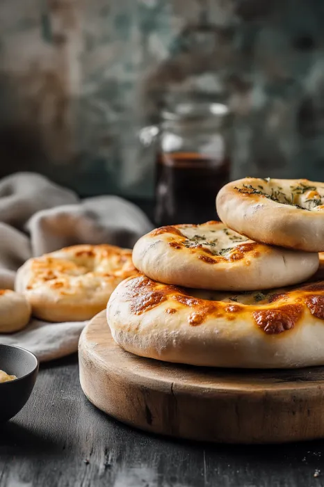A stack of pizza bread with cheese and herbs.