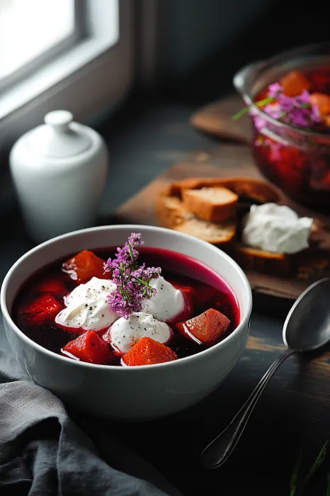 A bowl of soup with a spoon in it.