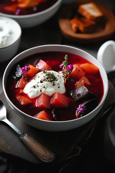 A bowl of soup with a spoon in it.