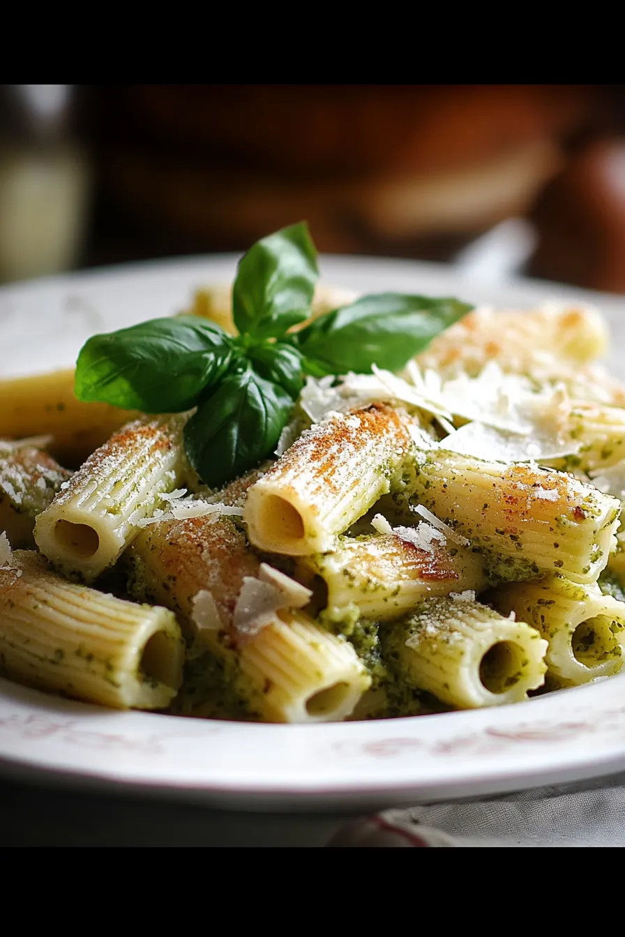 A plate of pasta with spinach and cheese.