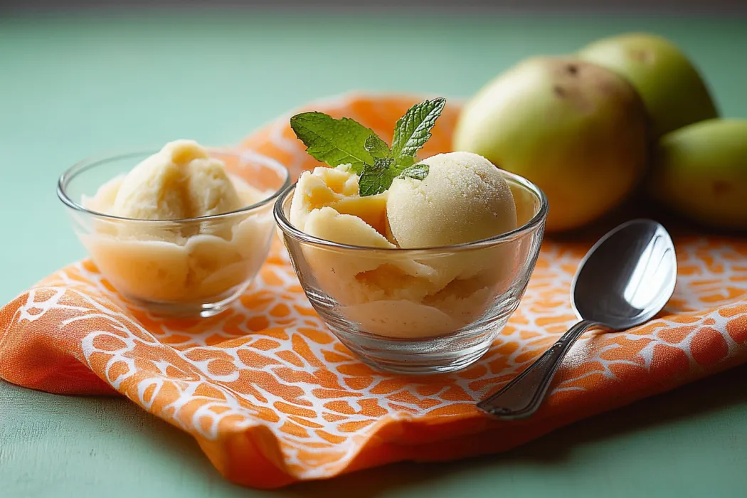 A bowl of ice cream with mint leaves on top.