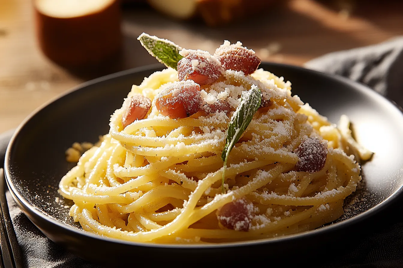 A plate of pasta with sauce and garnish.
