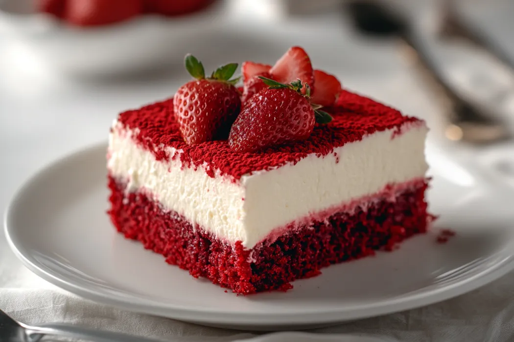 A slice of red velvet cake with strawberries on top.
