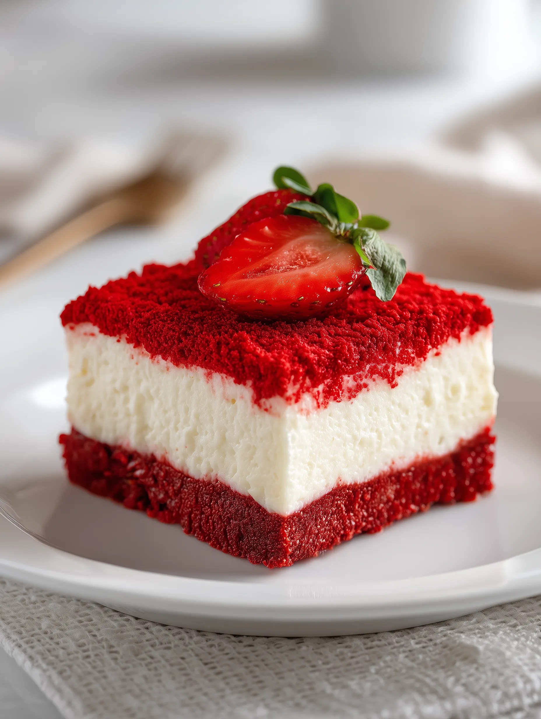 A slice of red and white cake with a strawberry on top.