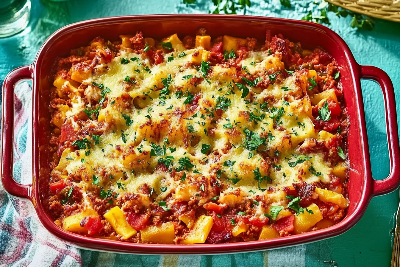 A red bowl filled with a delicious meal.