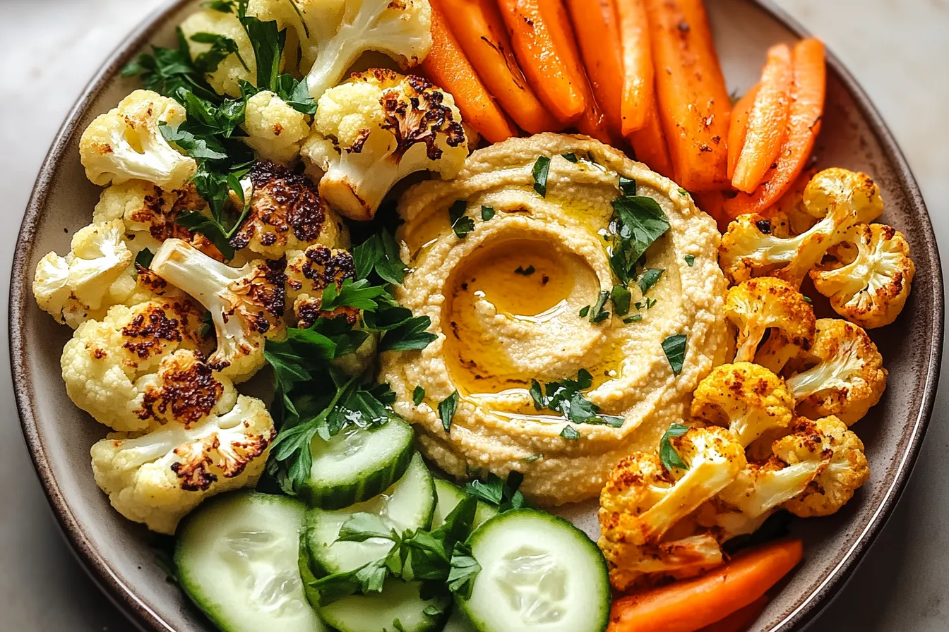 A bowl of vegetables including carrots, cauliflower, and cucumbers.