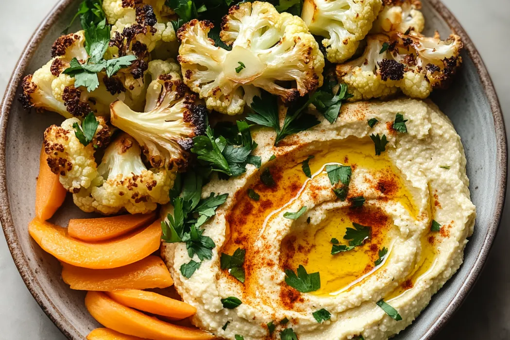 A plate of food with a cauliflower and a carrot.