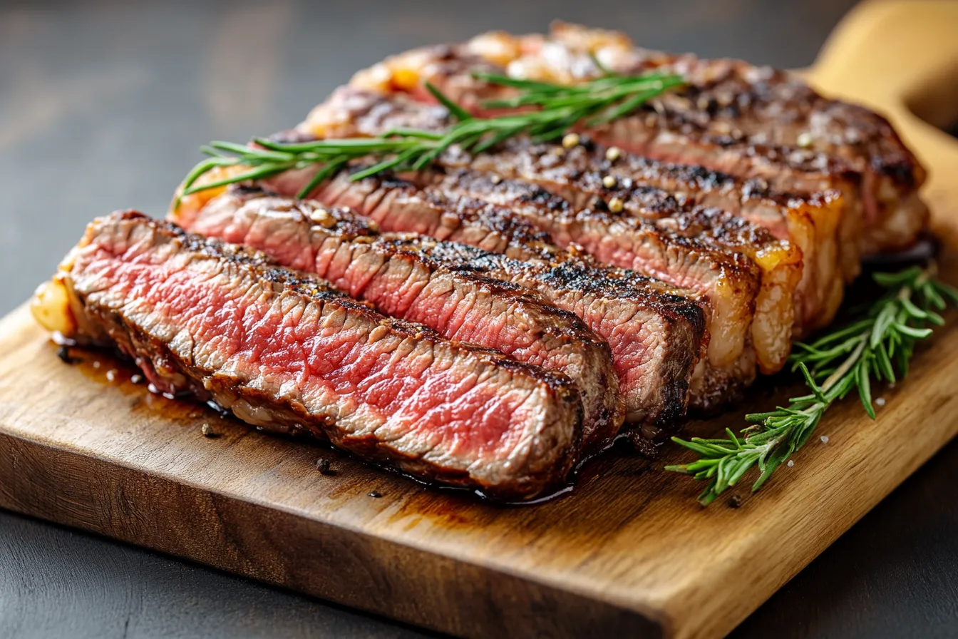 A piece of meat with herbs on it.