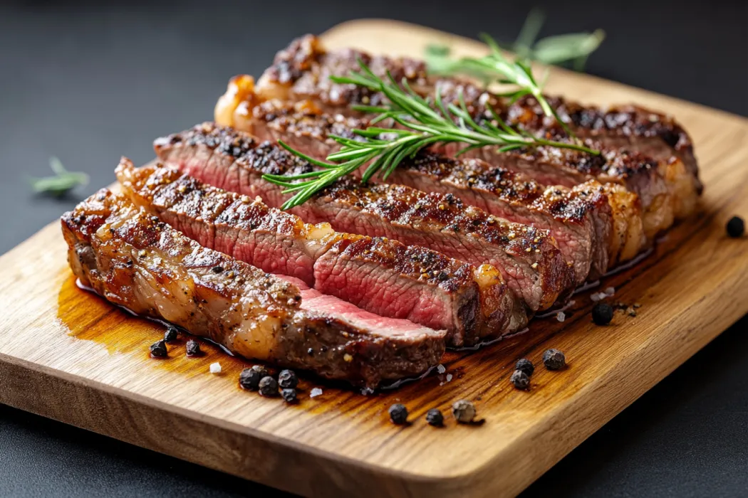 A large piece of meat with herbs on it.