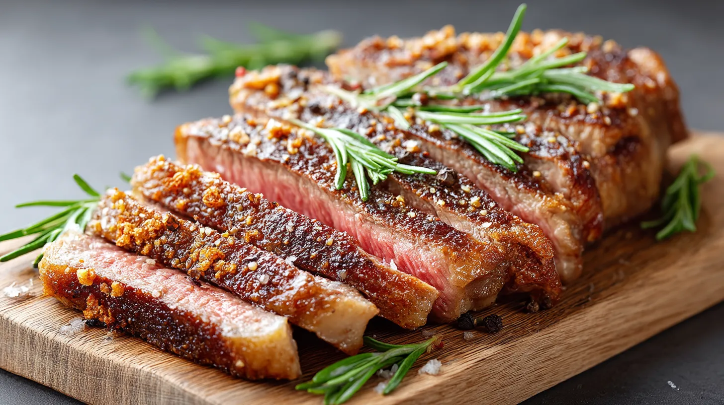 A piece of meat with herbs on it.
