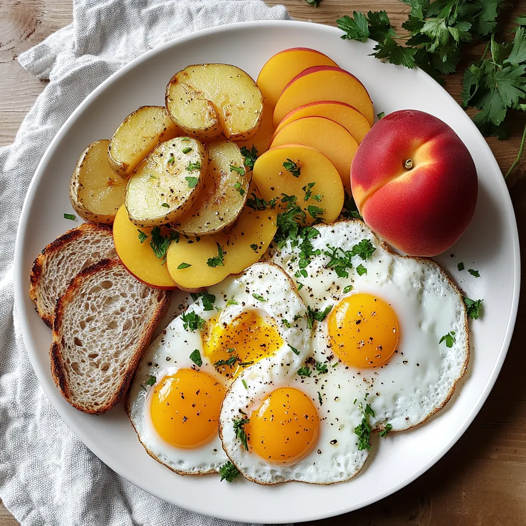 A plate of food with eggs, peaches, bread, and potatoes.