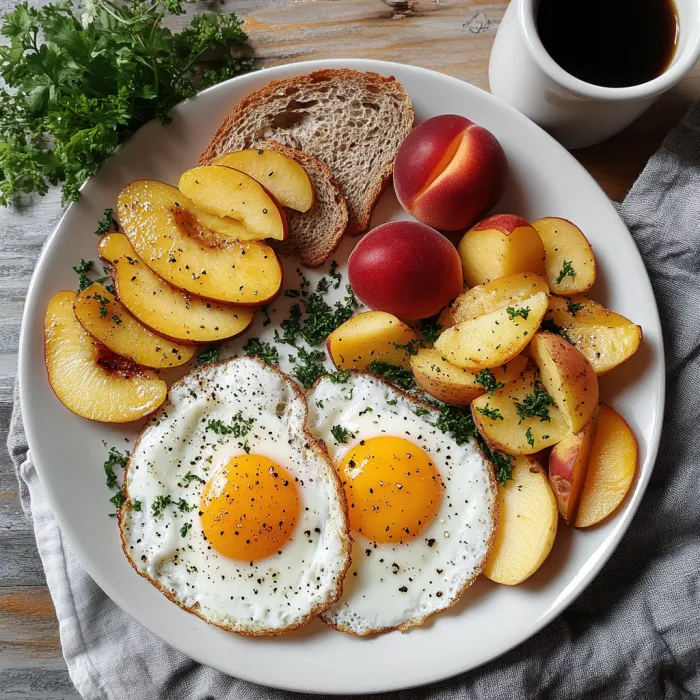 A plate of food with eggs, bread, and fruit.