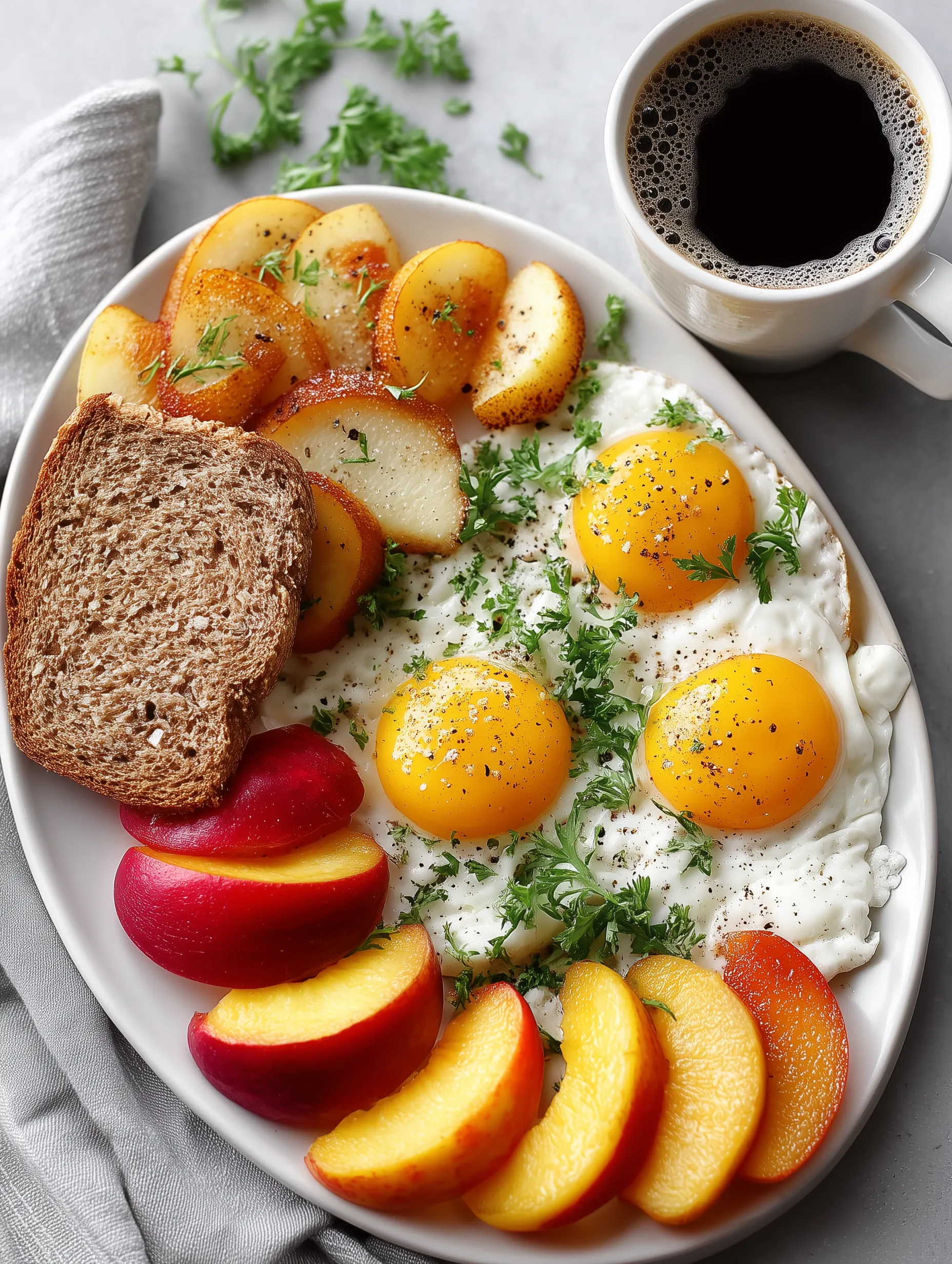 A plate of food with eggs, bread, and fruit.
