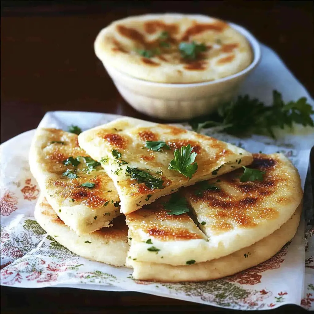 A stack of pita bread with green herbs on top.
