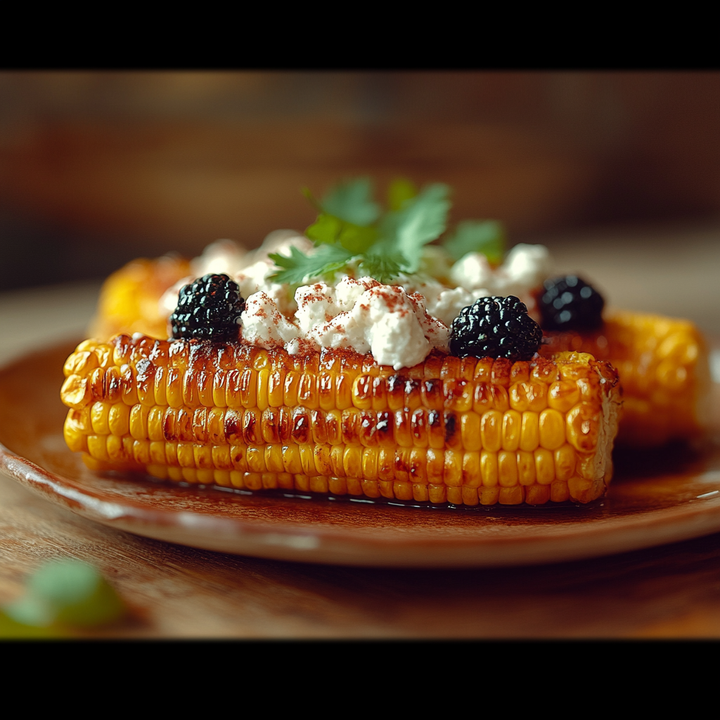A plate of food with corn on the cob and blackberries.