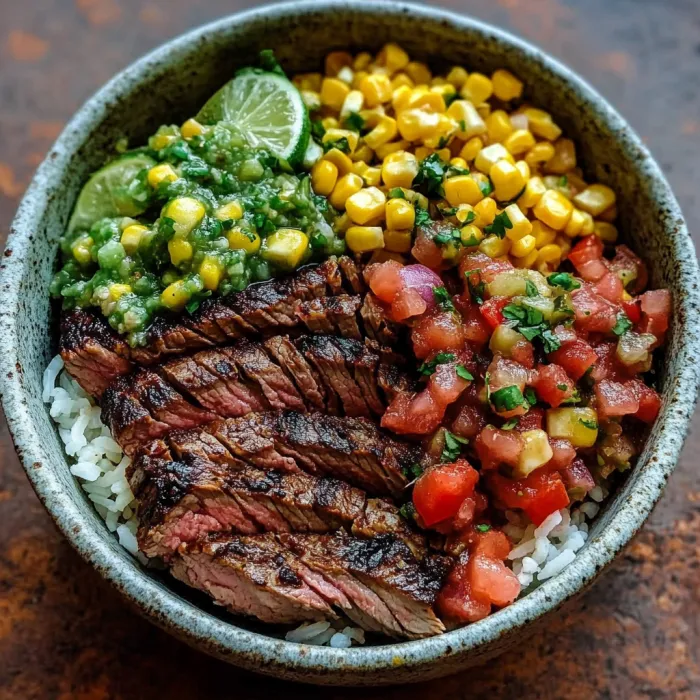 A bowl of food with meat, rice, tomatoes, corn, and lime.