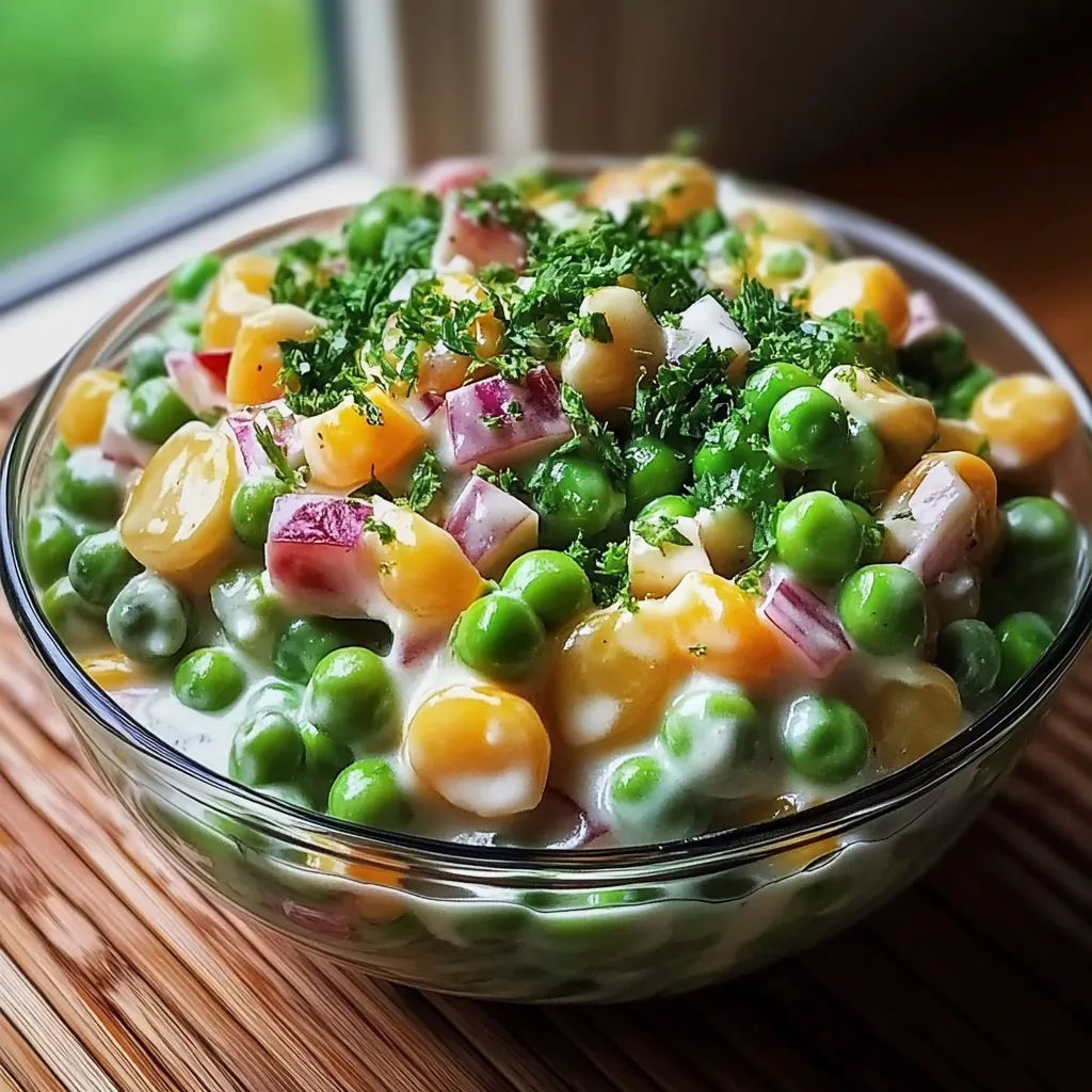 A bowl of food with peas and corn.