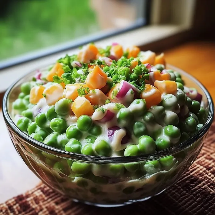 A bowl of food with peas and onions.