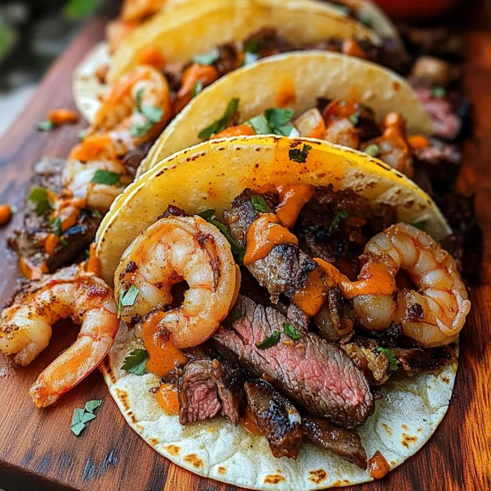 A plate of food with shrimp, steak, and tacos.