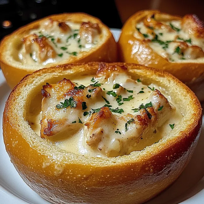 Three bread bowls filled with chicken and cheese.