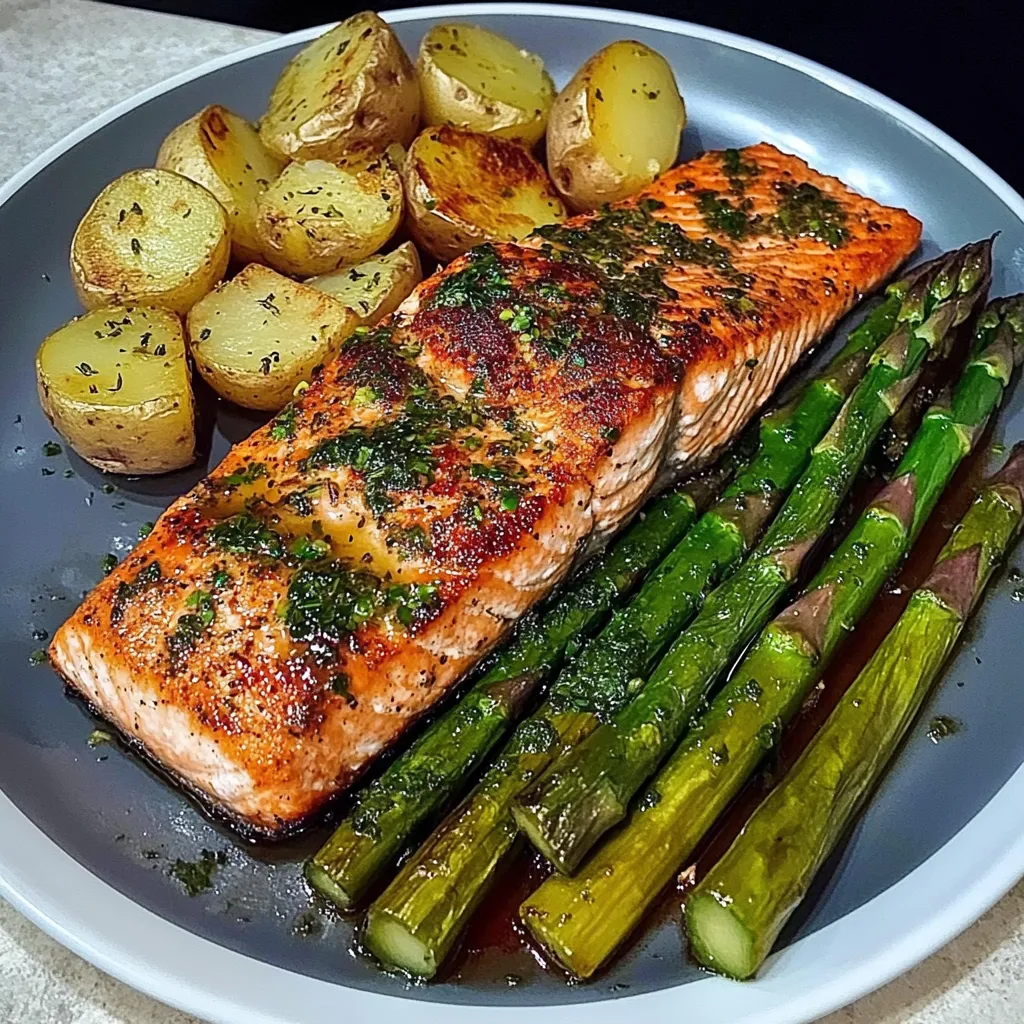 A plate of food with fish, potatoes and asparagus.