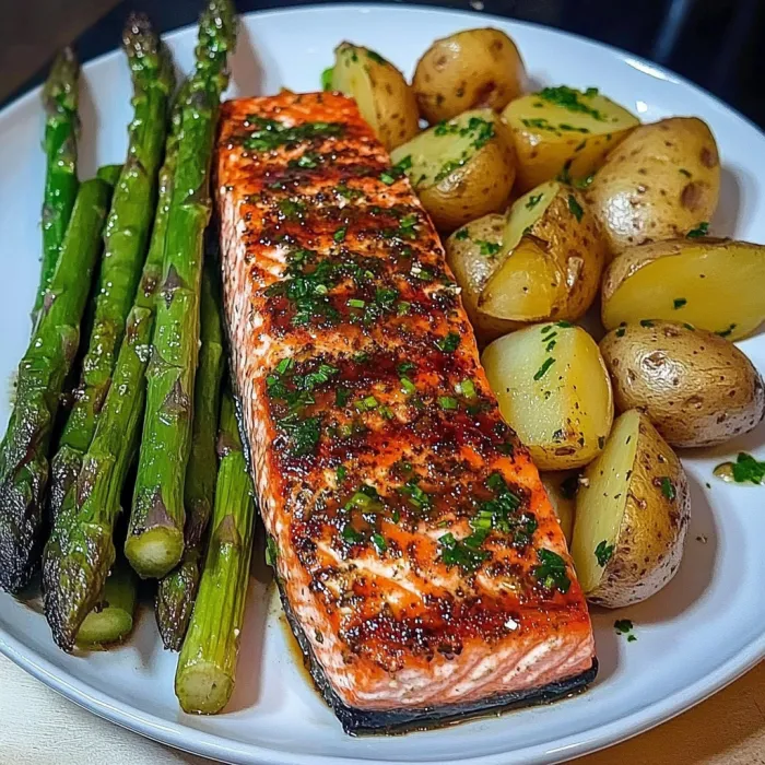 A plate of food with fish, potatoes and asparagus.
