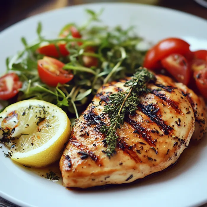 A plate of food with chicken, tomatoes, and lemon.